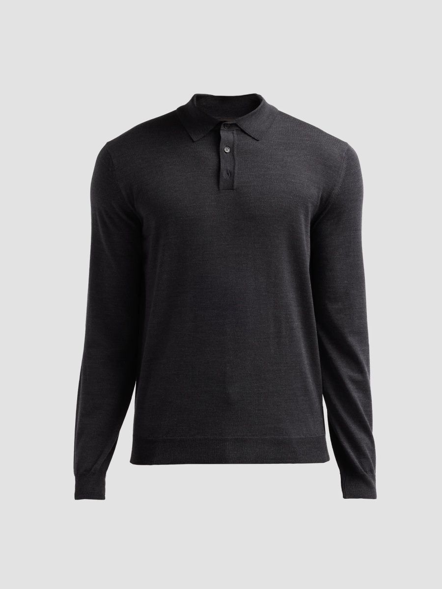 Slowear Men's Wool Knit Polo Shirt - Anthracite Melange - Size 48