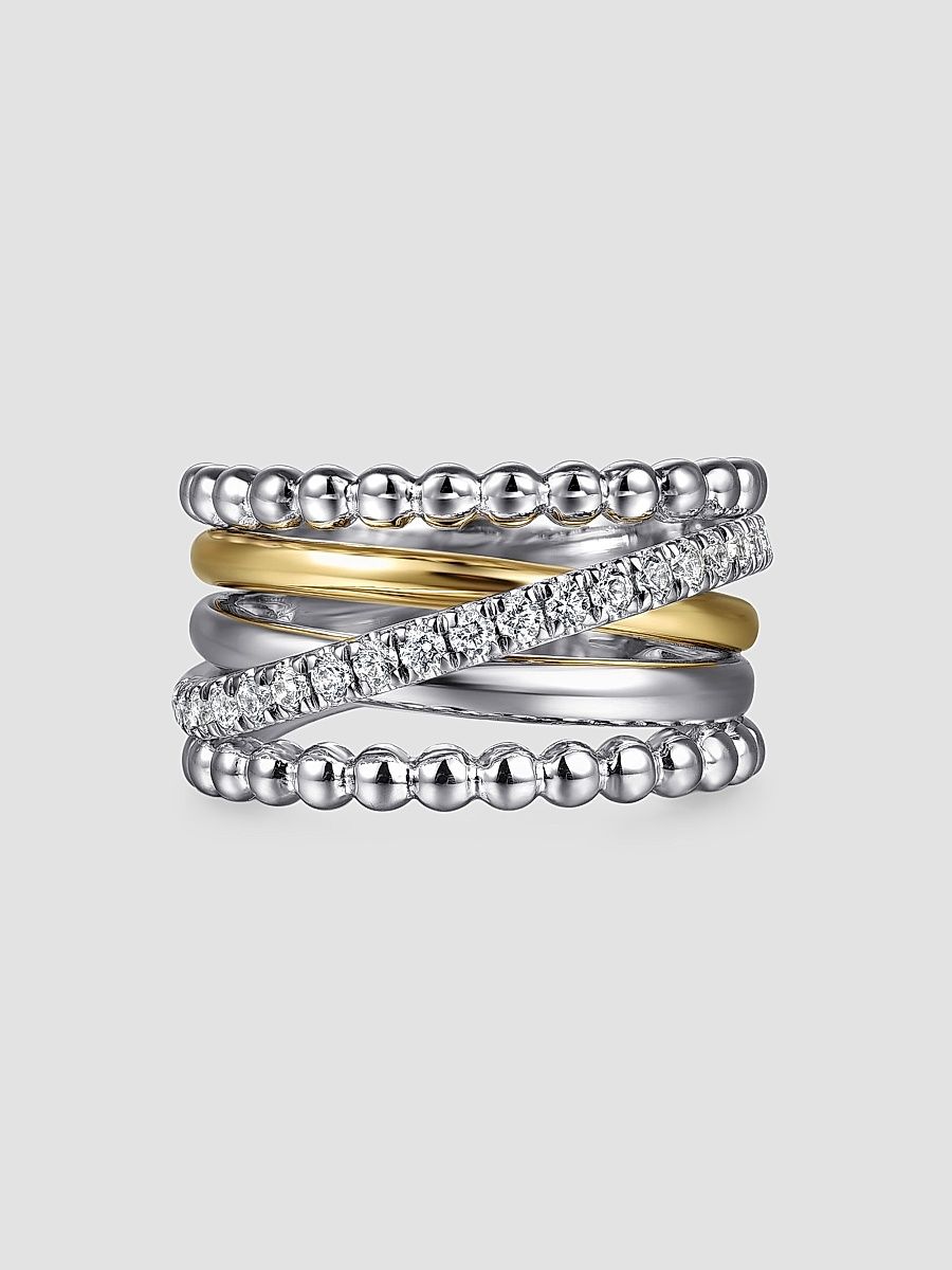 Gabriel & Co Women's Bujukan Sterling Silver, 14K Yellow Gold & White Sapphire Multi-Band Ring - Sterling Silver - Size 6.5