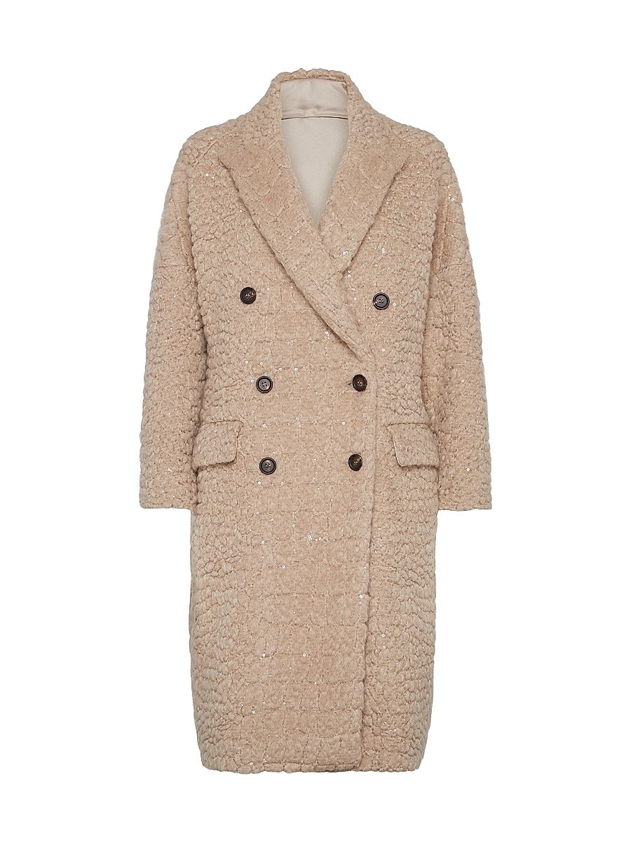 Women's Virgin Wool and Mohair Coat with Dazzling Croc Motif - Camel - Size 8