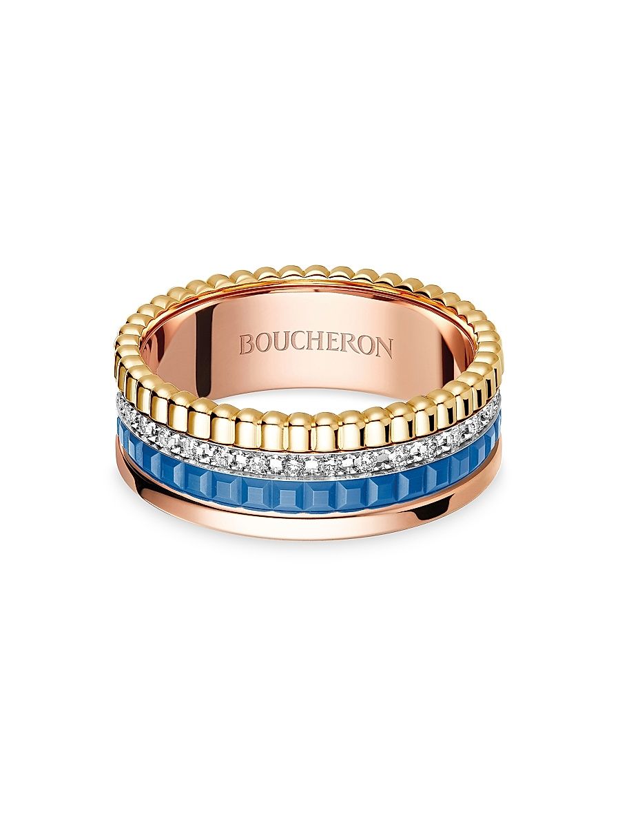 Women's Quatre Blue Edition Tri-Tone 18K Gold, HyCeram & 0.24 TCW Diamond Ring - Size 6.25