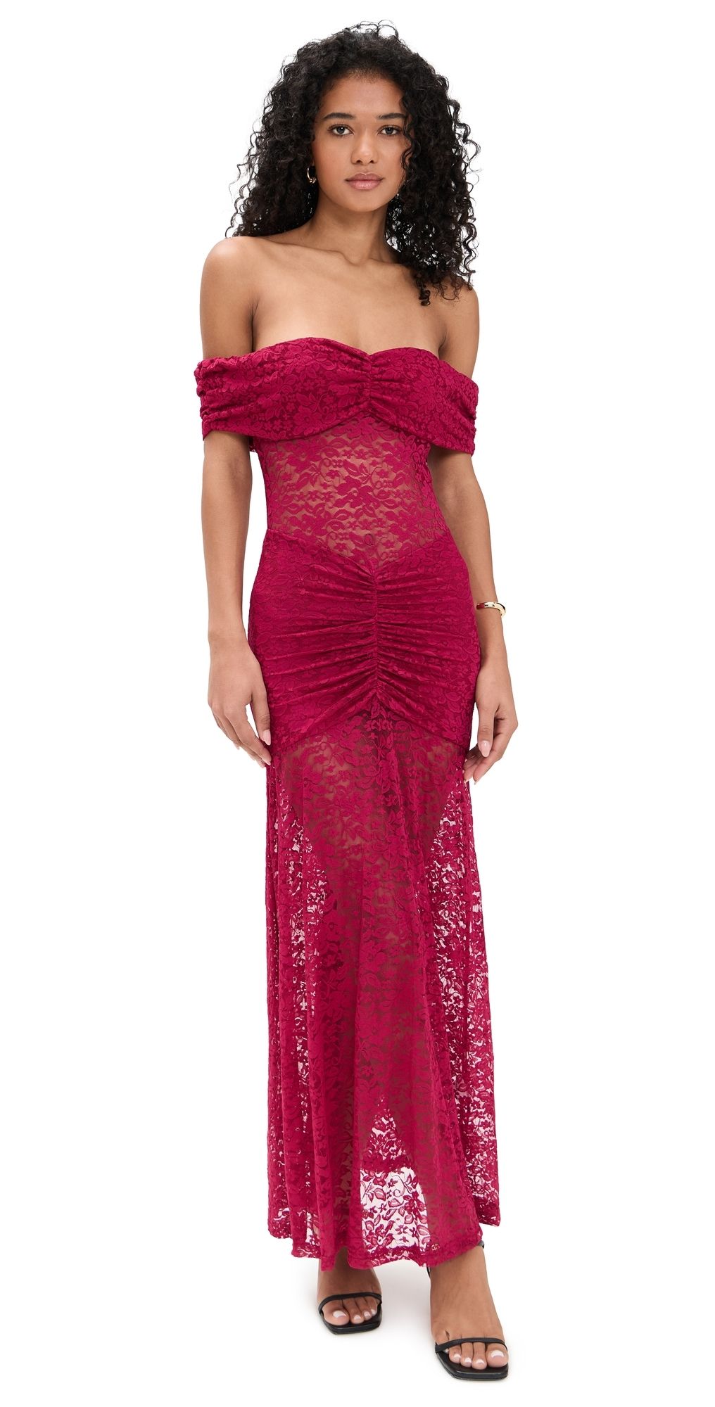 Runaway the Label Vaneya Off Shoulder Lace Maxi Dress Berry M