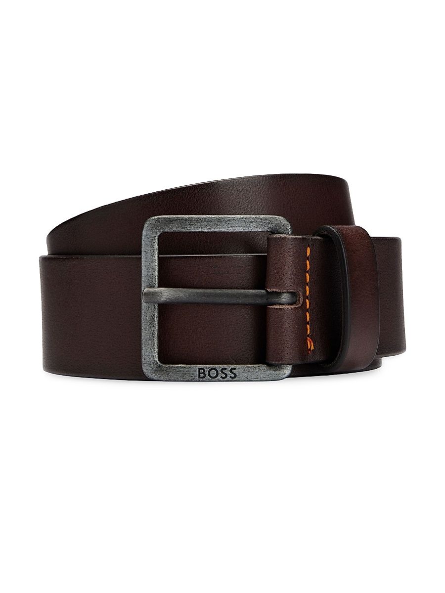 Men's Leather Belt with Logo Buckle - Dark Brown - Size 44