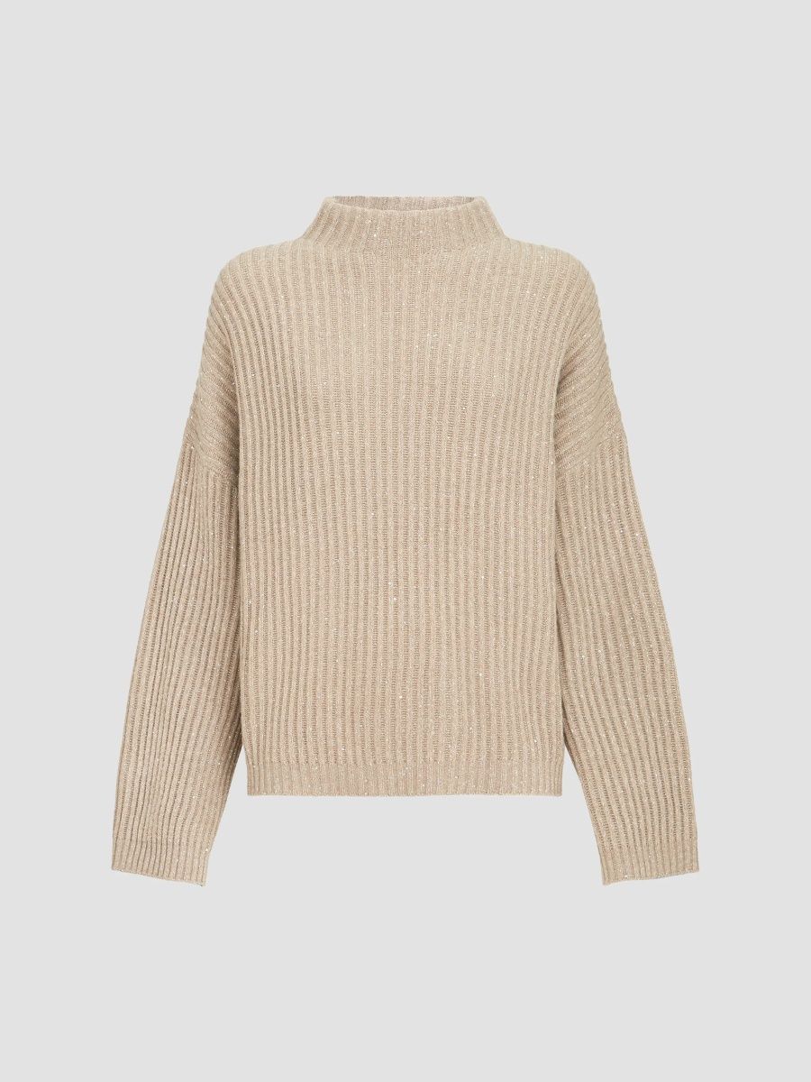 Brunello Cucinelli Women's Sparkling & Dazzling Cashmere and Wool Ribbed Sweater - Light Brown - Size XXL