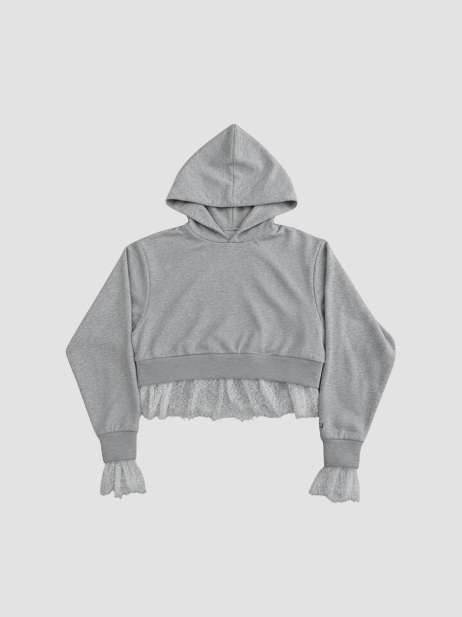 KatieJ NYC Girl's Girl's Tristan Lace Crop Hoodie - Light Heather Grey - Size 14