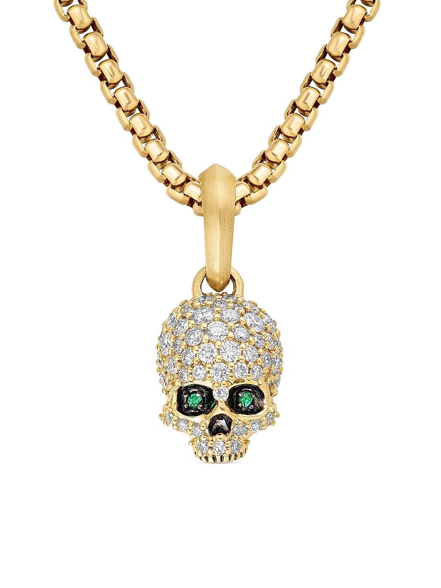 Men's Memento Mori Skull in Full Pavé Diamonds, Emeralds and 18K Yellow Gold, 14mm - Emerald