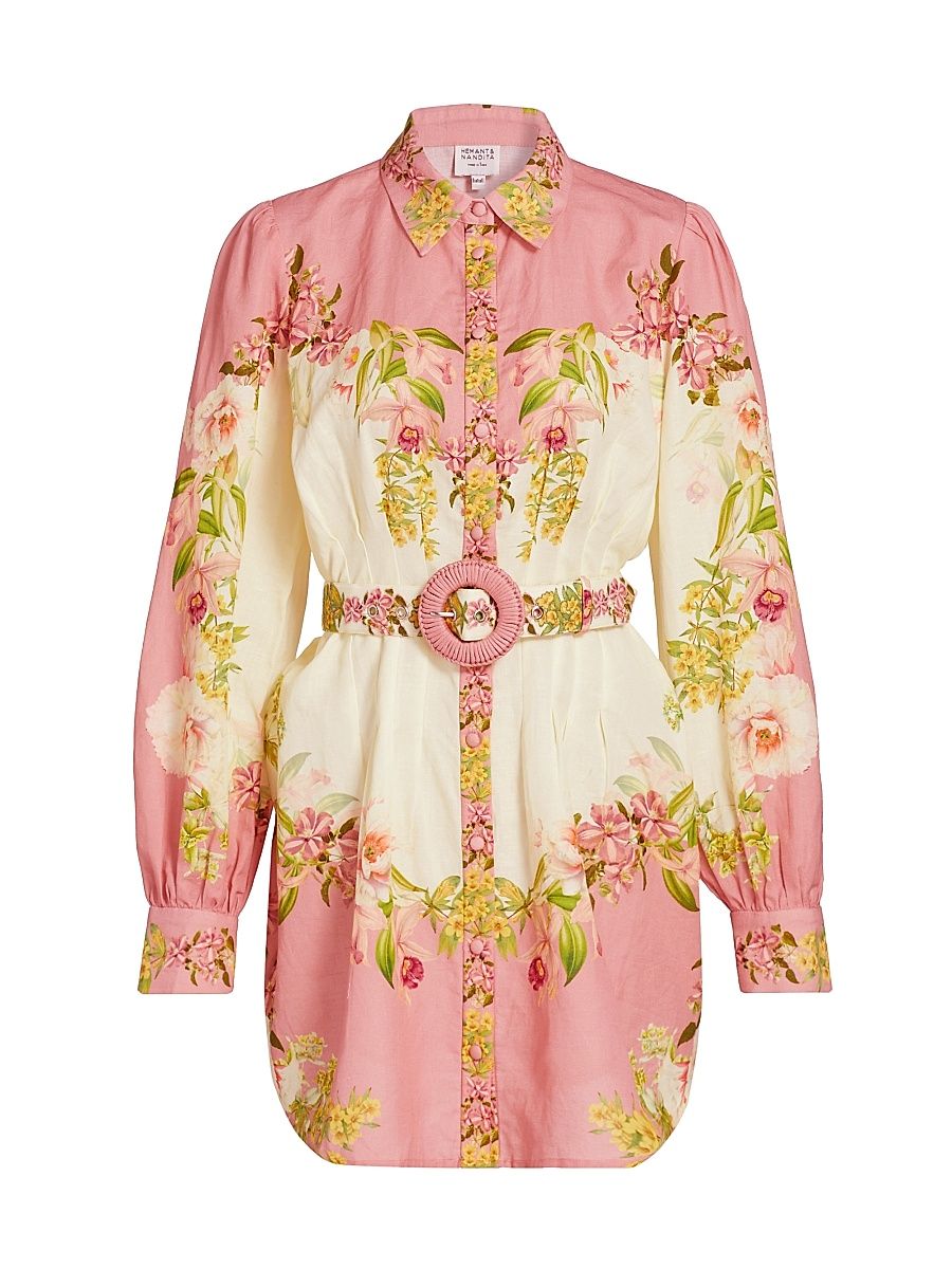 Women's Aiva Belted Short Shirtdress - Pink Floral - Size XL