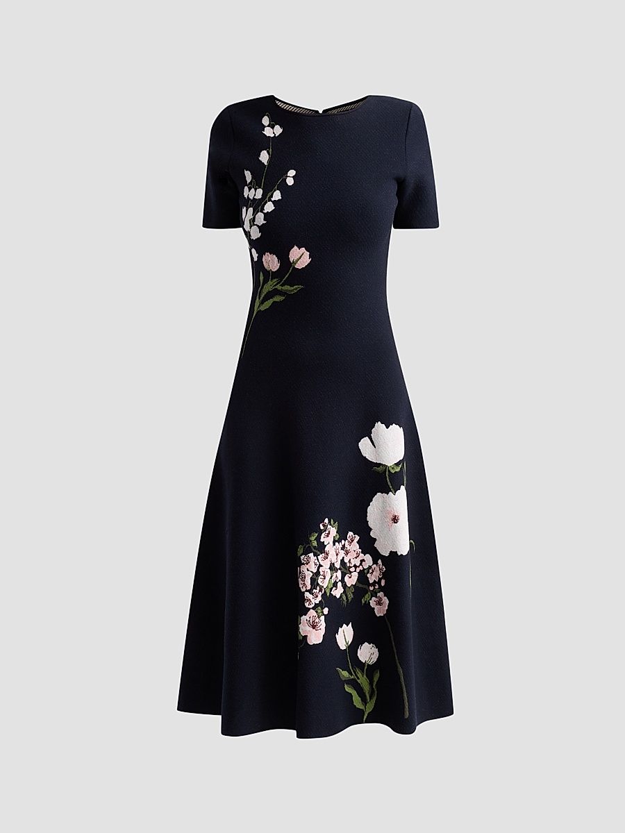 Women's Floral Jacquard Knit Midi Dress - Navy - Size Small