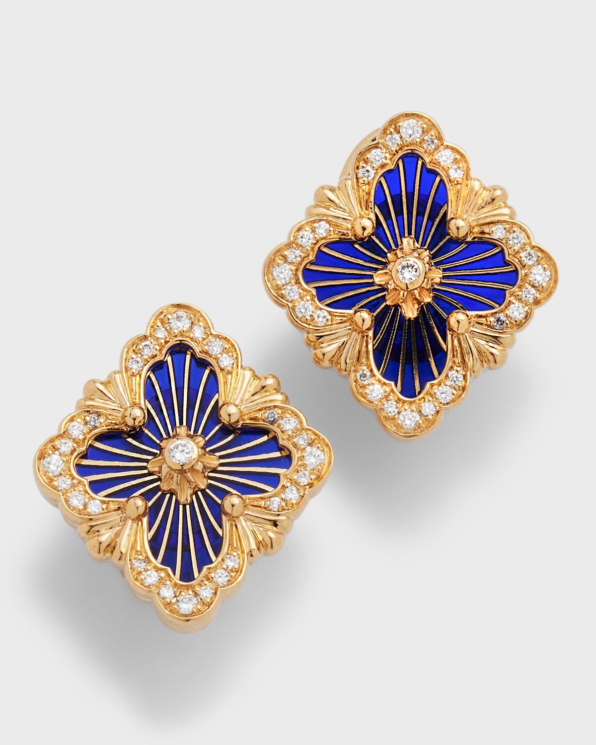18K Yellow Gold Opera Tulle Blue Button Earrings with Diamonds