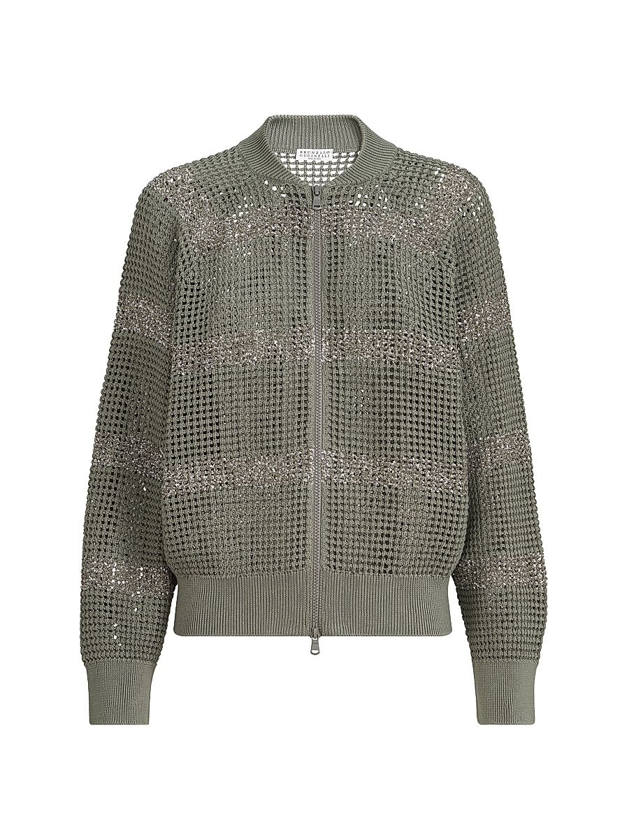 Women's Cotton Net Cardigan with Dazzling Stripes - Khaki - Size XXL