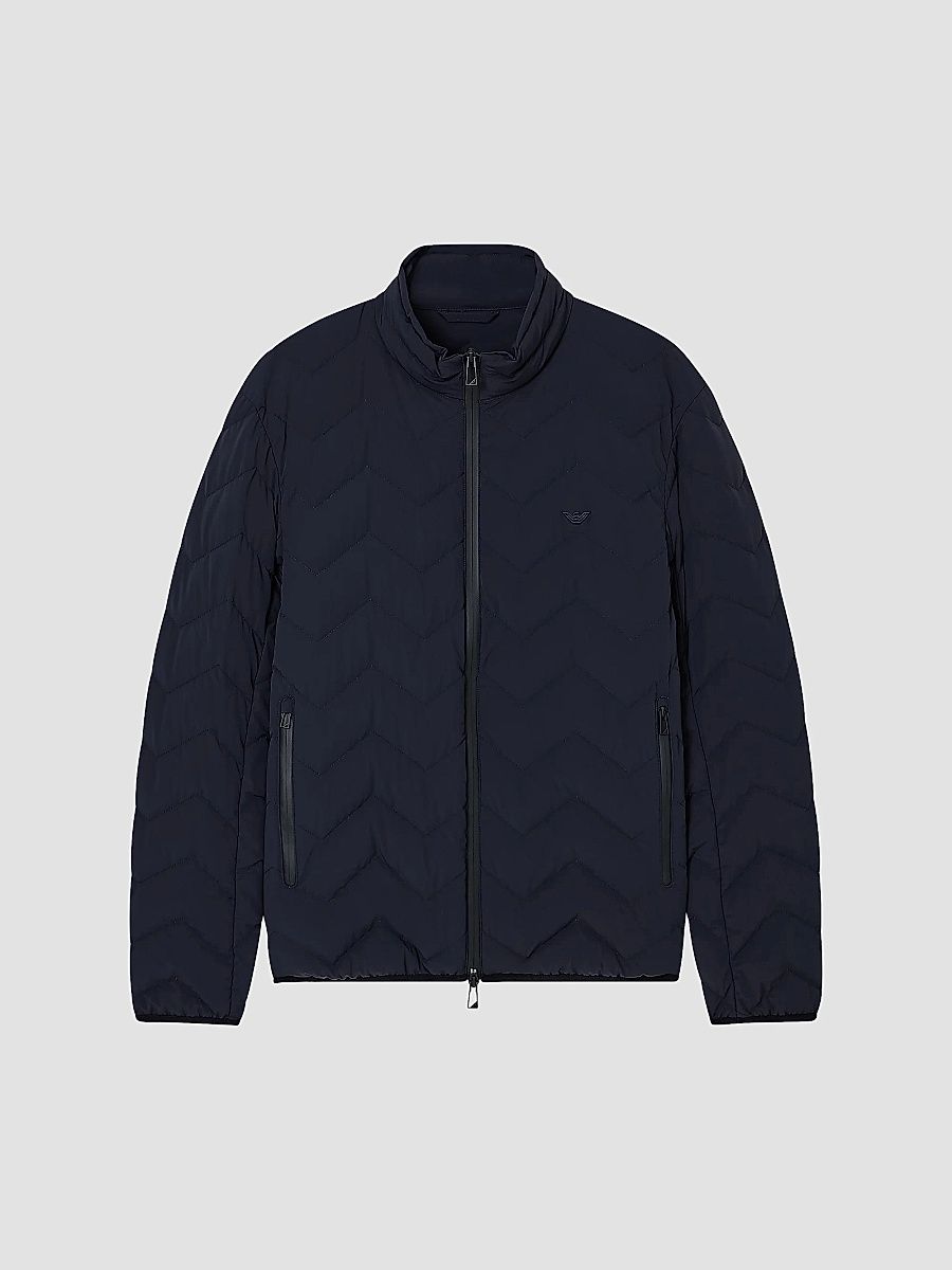 Men's Chevron-Quilted Nylon Down Jacket - Solid Blue Navy - Size 48