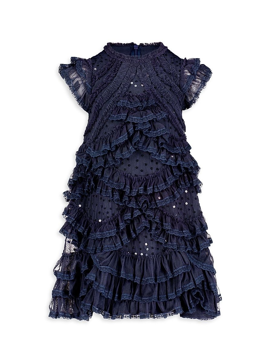 Little Girl's & Girl's Mesh Micro Ruffle Dress - Navy - Size 8
