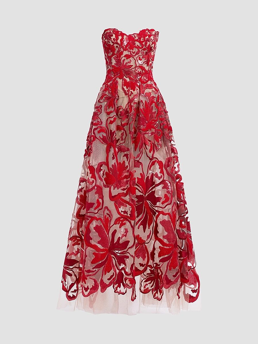 Women's Velvet & Sequins Embroidered Tulle Gown - Sunset Flame - Size 6