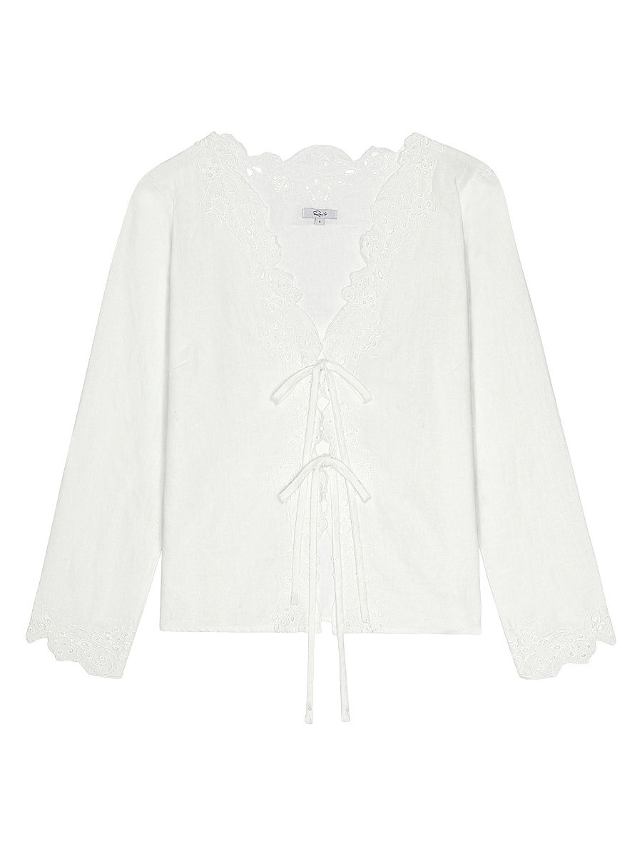 Women's Fleur Embroidered Linen Blouse - White - Size Large