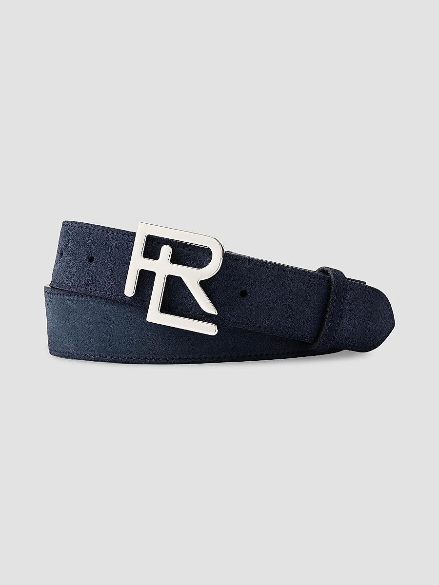 Ralph Lauren Purple Label Men's Stacked R-Buckle Suede Belt - Racing Navy - Size 34