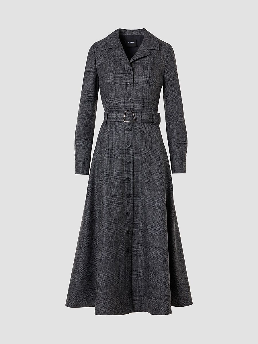 Women's Prince of Wales Wool Flannel A-Line Midi Dress - Charcoal Black - Size 4