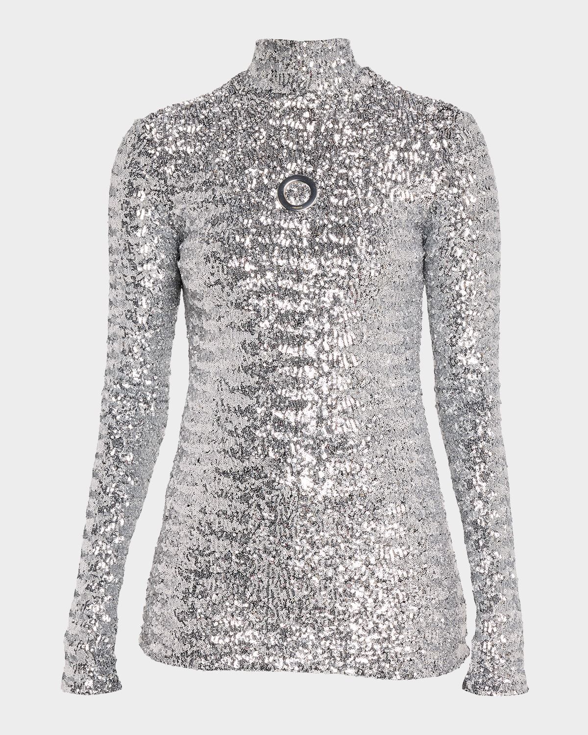 Grommet Cutout Sequined Turtleneck Top