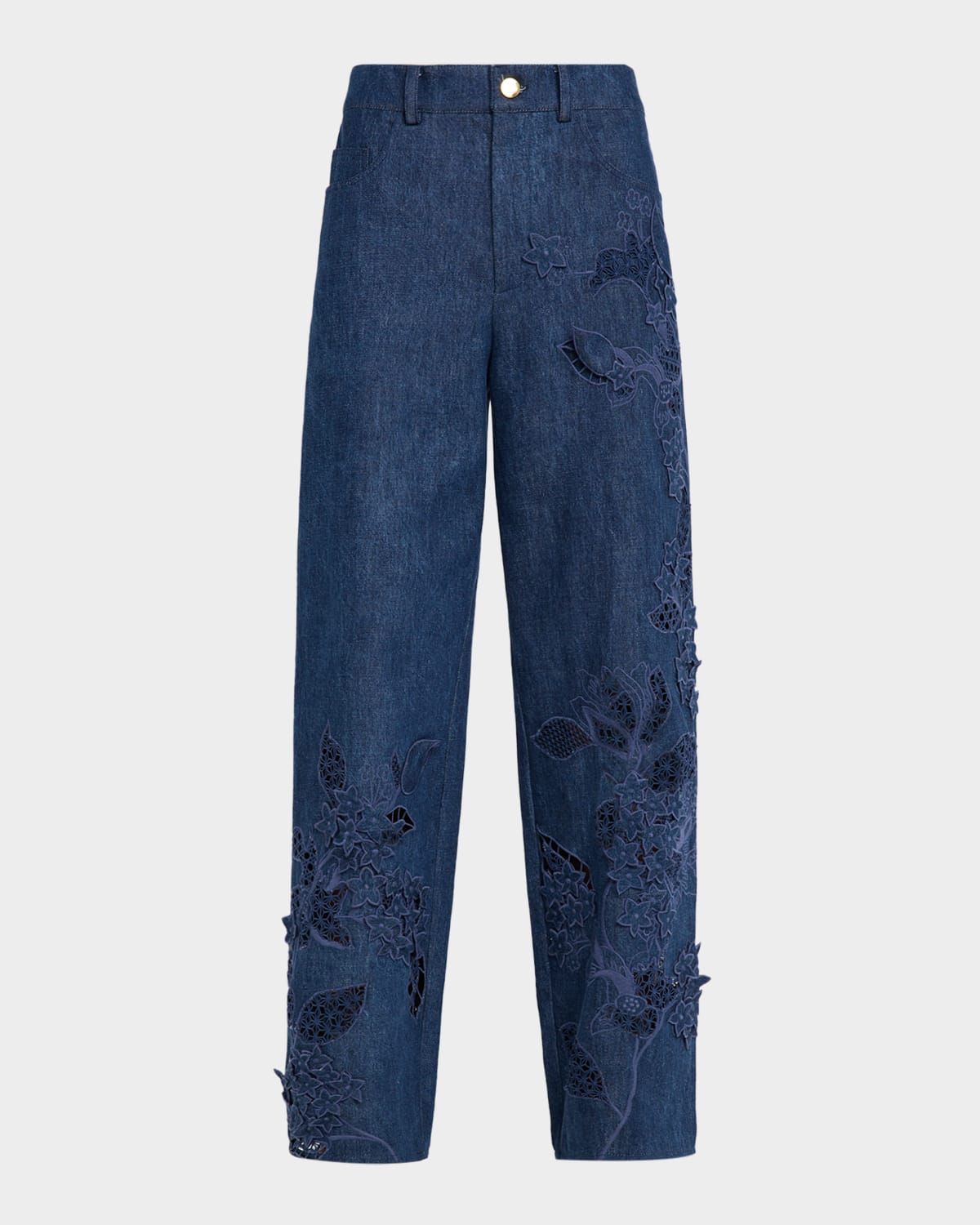 Porcelain Flowers Embroidered Denim Straight-Leg Jeans