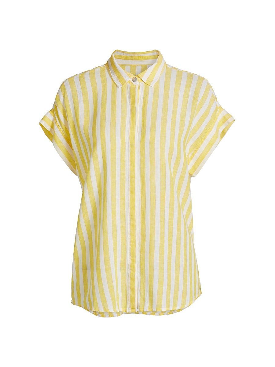 Women's Jamie Striped Linen-Blend Shirt - Daffodil Stripe - Size Medium
