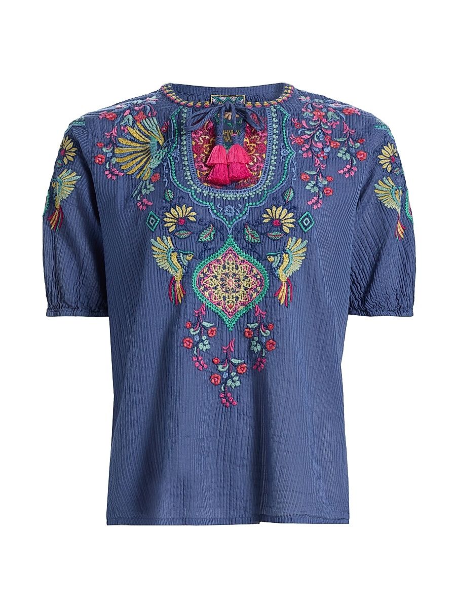 Women's Margot Floral Embroidered Cotton-Silk Blouse - Blue Night - Size XL