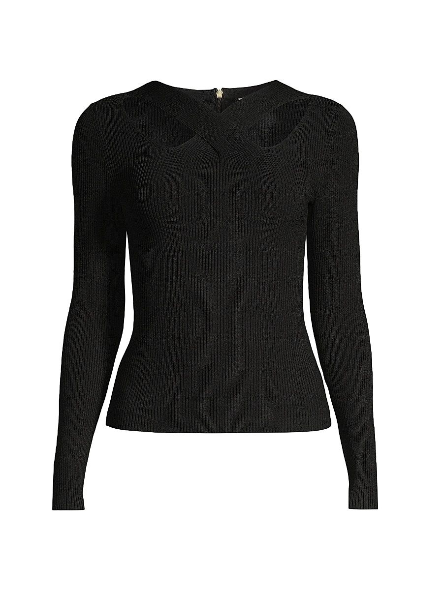 Women's Cut-Out Rib-Knit Sweater - Black - Size Medium