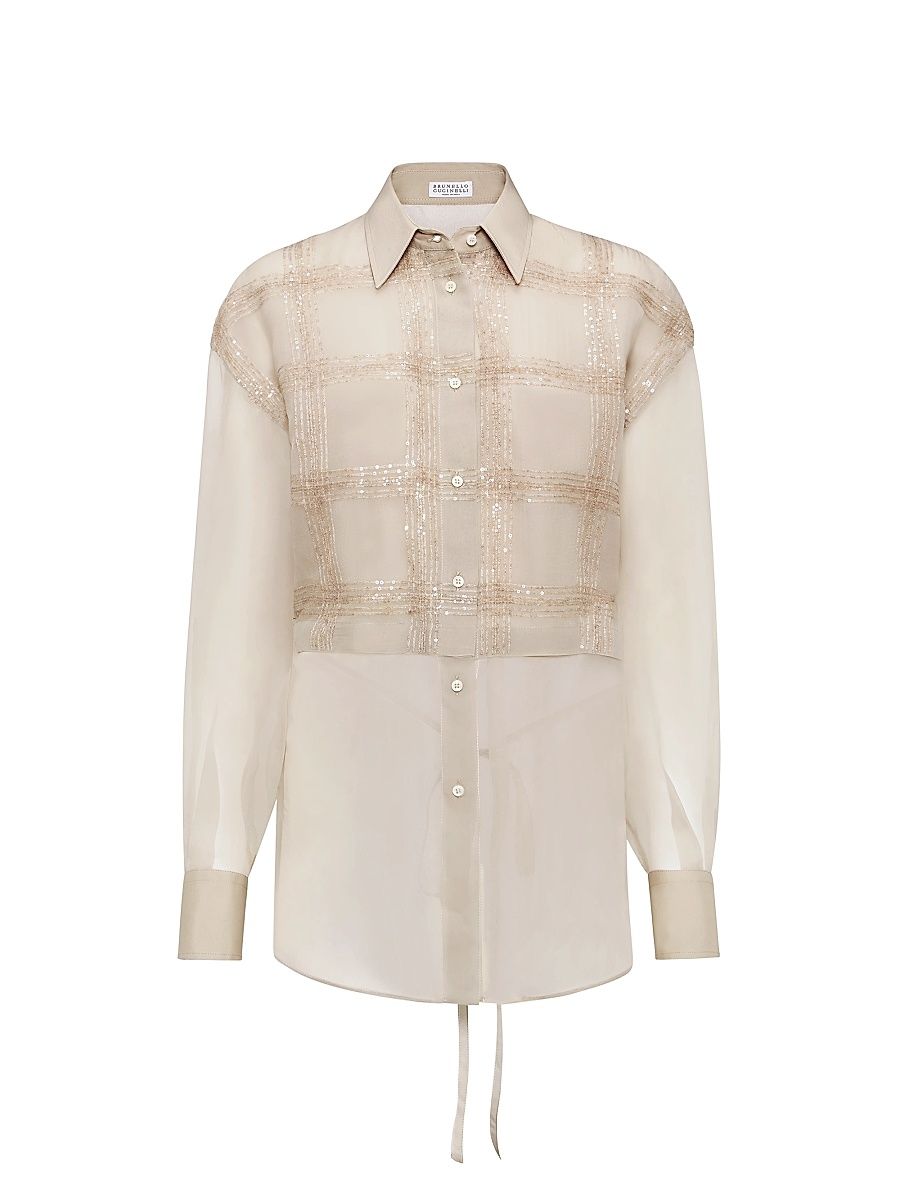 Women's Crispy Silk Layered Shirt with Dazzling Checks Embroidery - Cool Beige - Size XXS