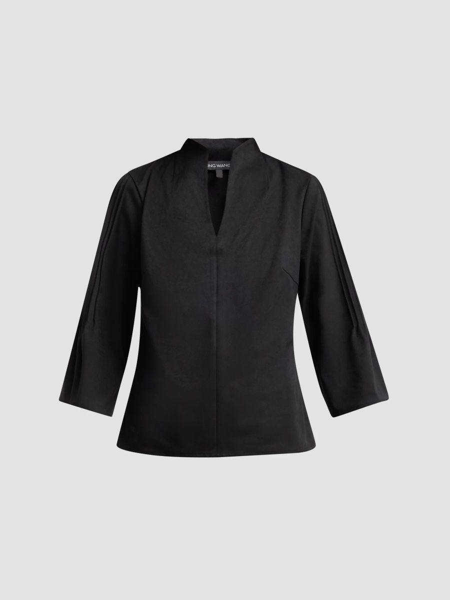 Ming Wang Women's Flare-Sleeve Faux Suede Blouse - Dark Umber - Size XL