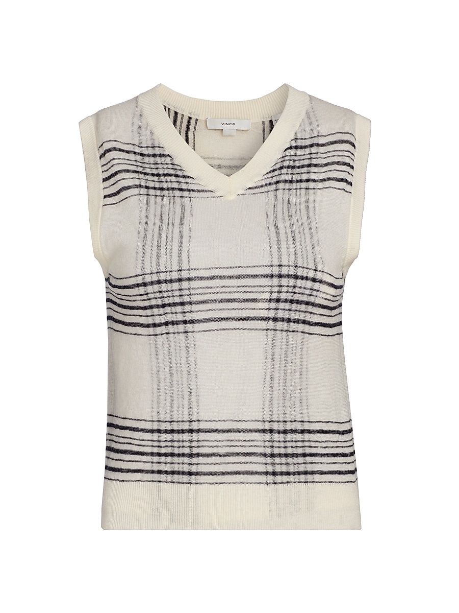 Women's Plaid V-Neck Wool Vest - Off White Coastal - Size Small