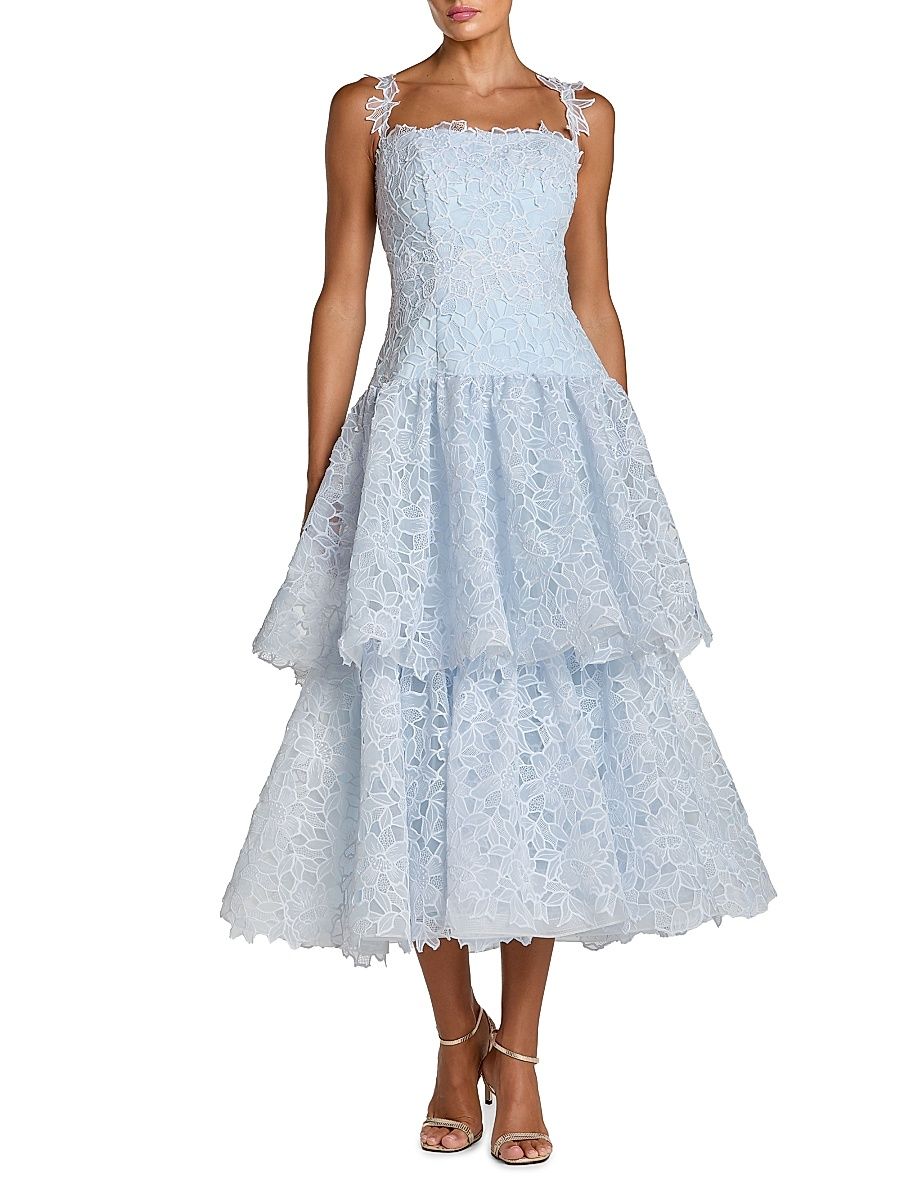 Women's Lace Sleeveless RuffleTiered Midi-Dress - Powder Blue - Size 12