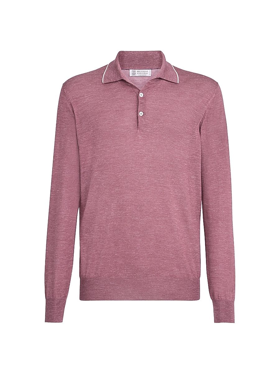 Men's Cashmere, Silk and Hemp Lightweight Knit Polo Shirt - Coral - Size 48