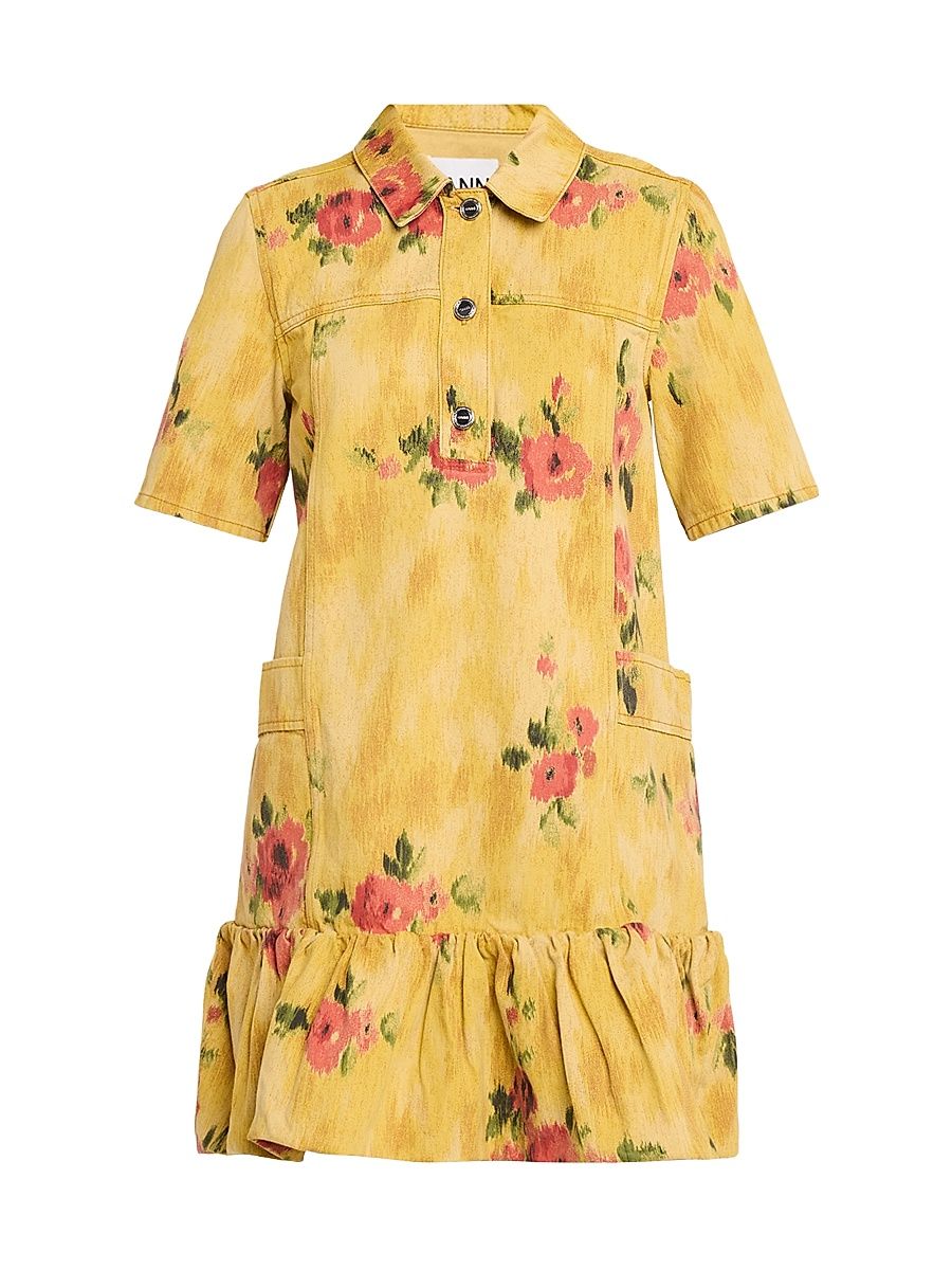 Women's Floral Print Denim Minidress - Vibrant Yellow - Size 0
