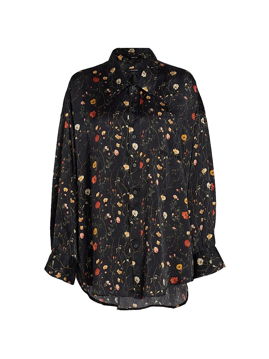 Women's Floral Oversized Silk Shirt - Floral Black - Size Medium