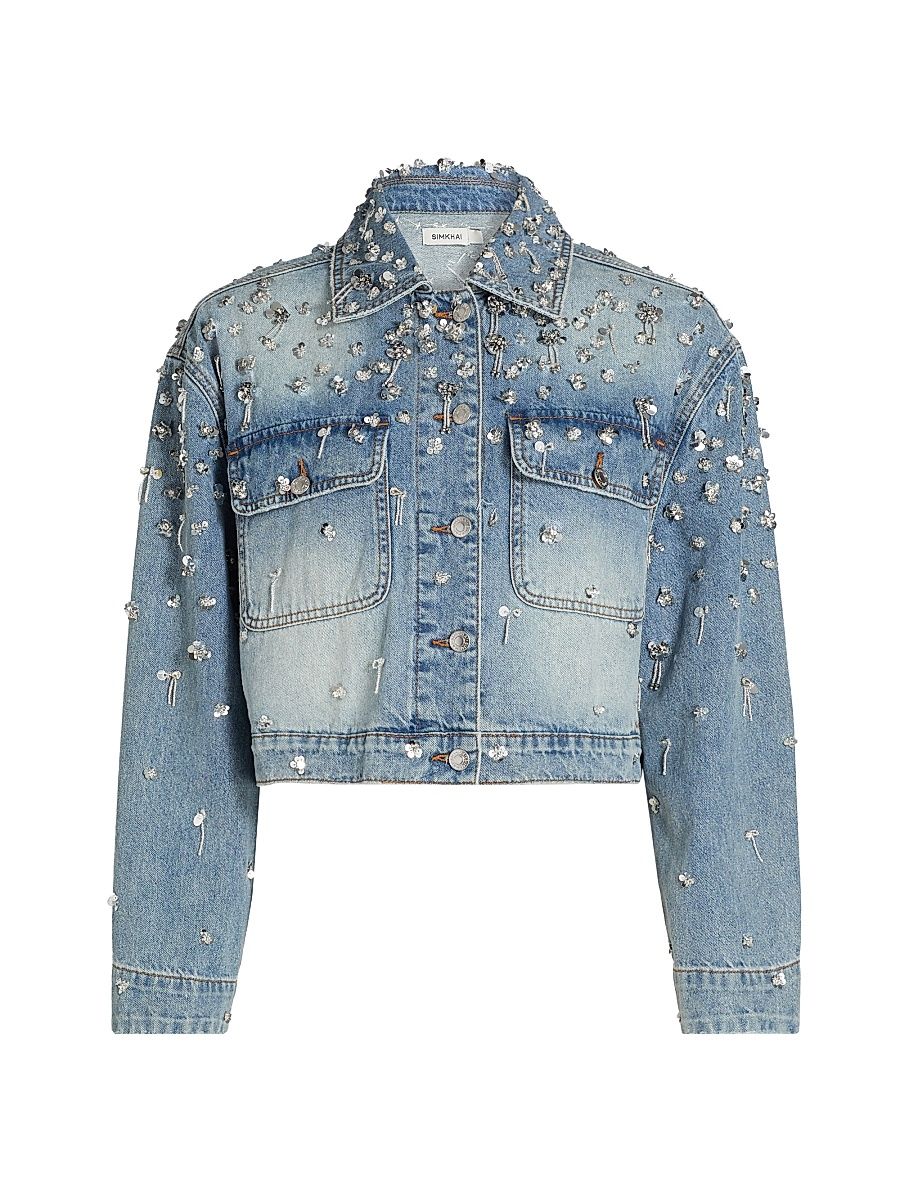 Women's Everli Sequined Stretch-Denim Crop Jacket - Hollywood - Size XL