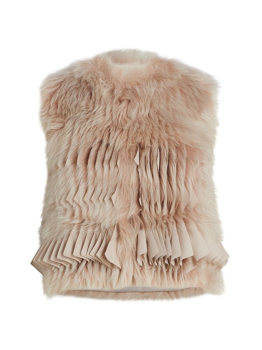 Women's Pleated & Dyed Shearling Vest - Light Walnut - Size 4