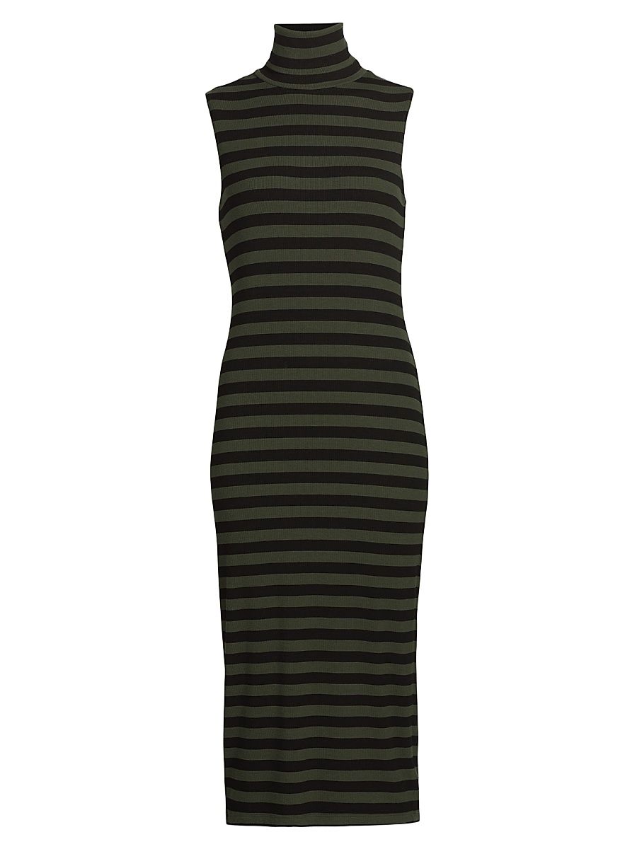 Women's Brita Striped Turtleneck Sleeveless Midi-Dress - Black Army Stripe - Size Large