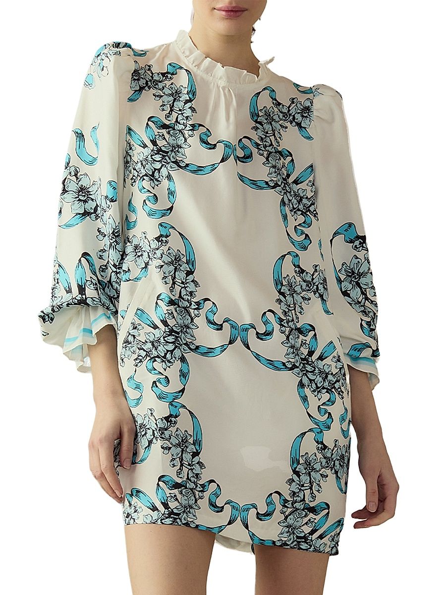 Women's Floral Silk Shift Minidress - White Blue - Size 2