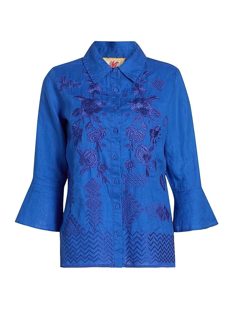 Women's Carmelita Embroidered Linen Ruffle Sleeve Shirt - Admiral Blue - Size XXL