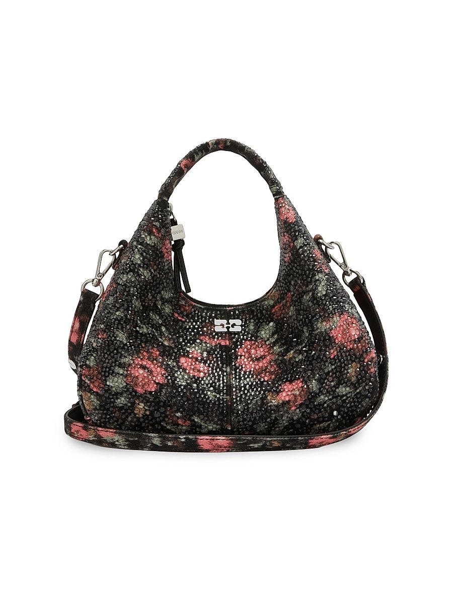Women's Mini Embellished Flower-Motif Hobo Bag - Black