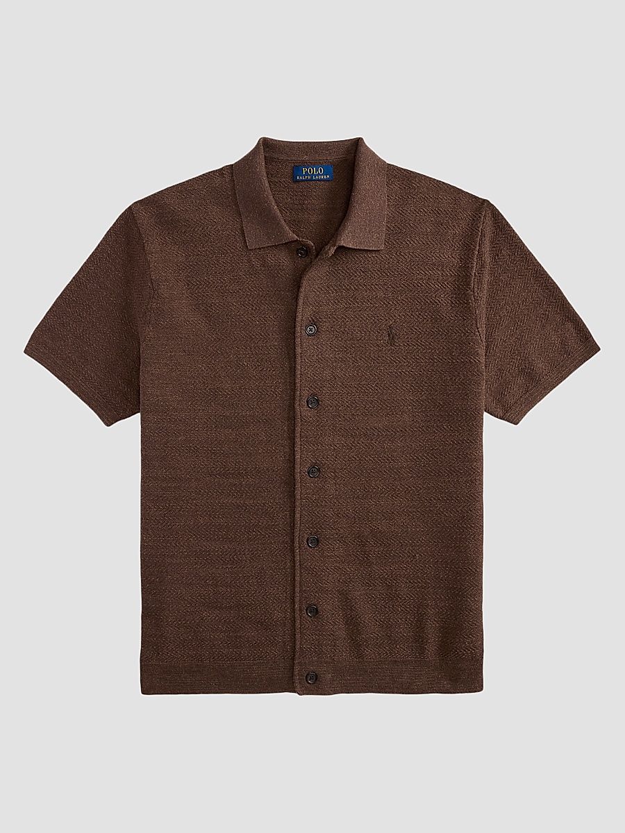 Men's Herringbone Cotton-Linen Short-Sleeve Cardigan - Nutmeg Brown Heather - Size XXL