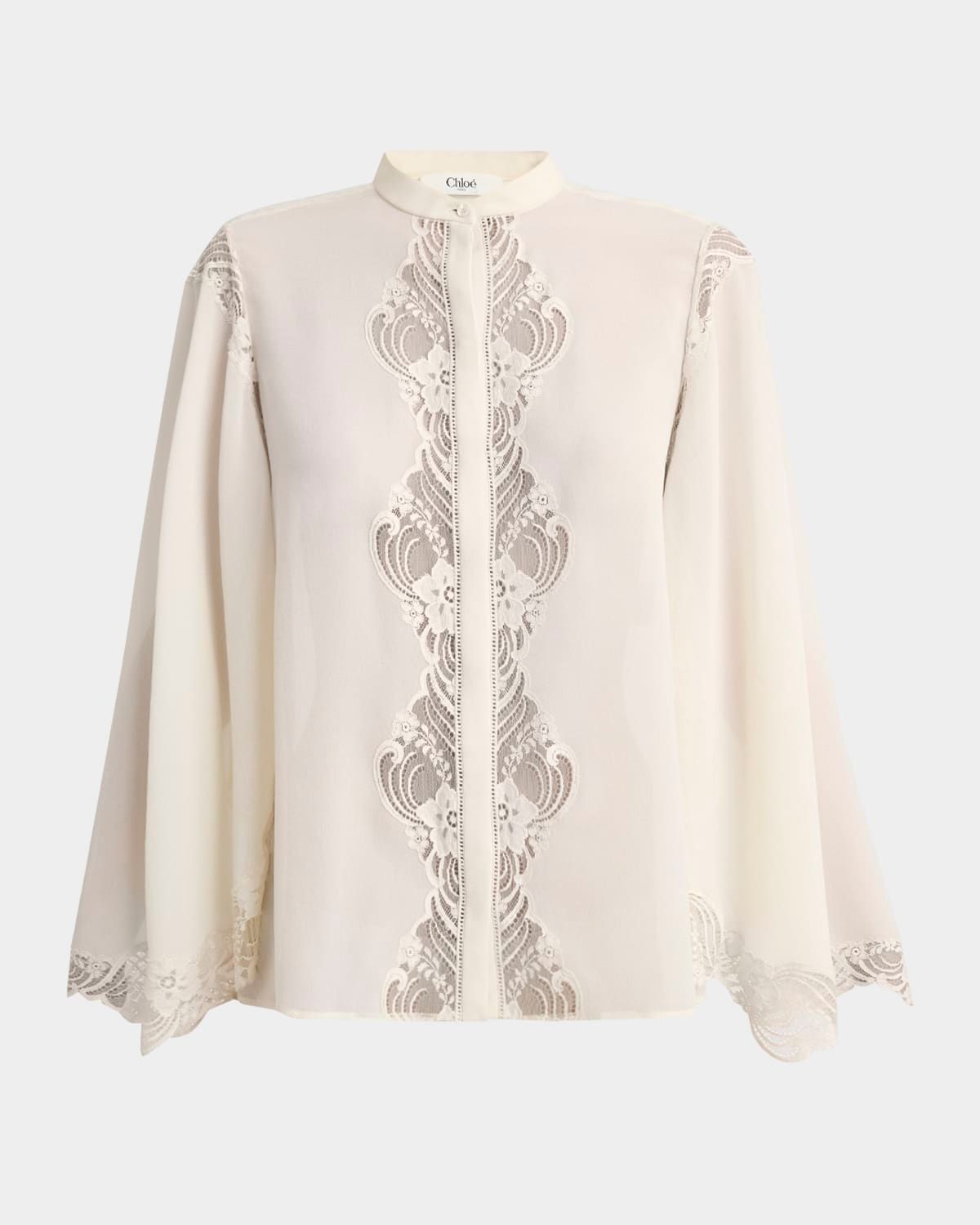 Lace Placket Tulip-Sleeve Silk Blouse