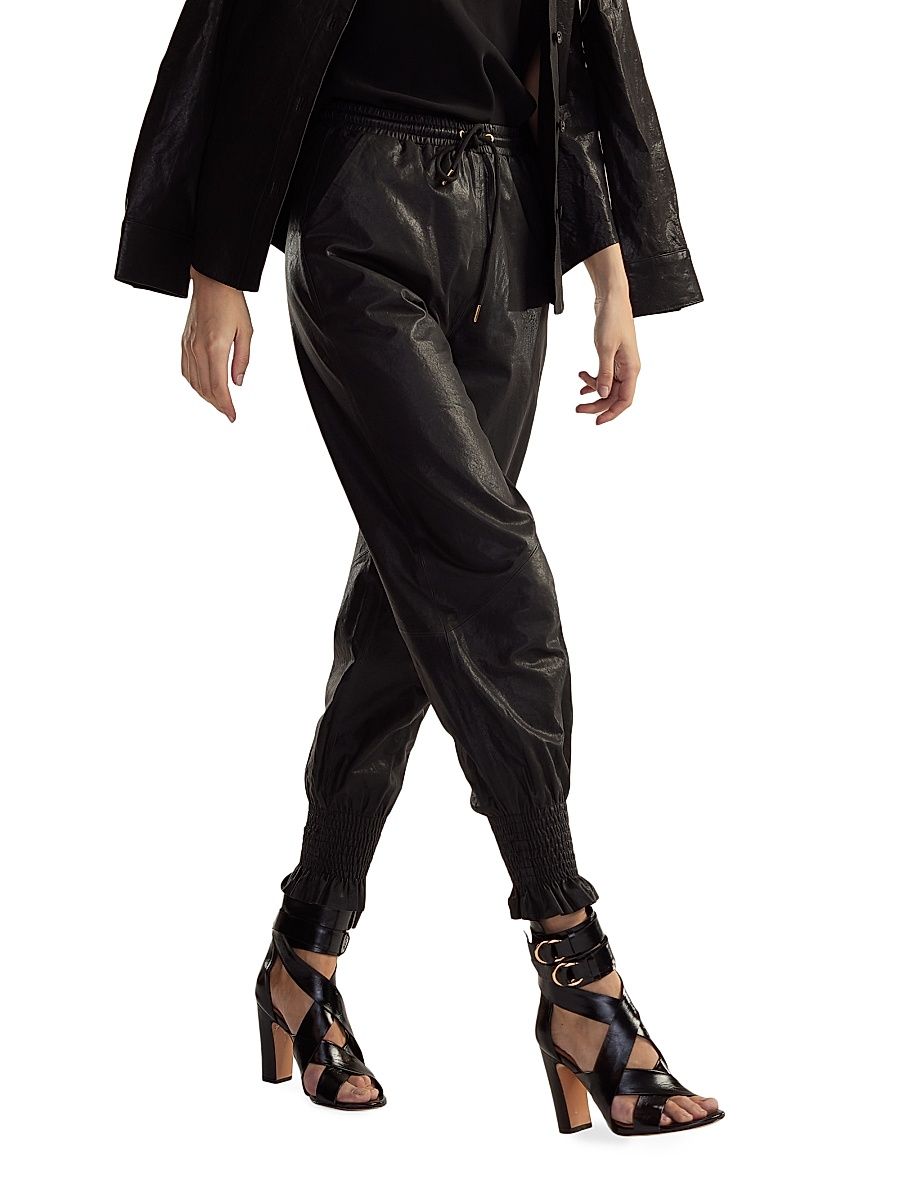 Women's Leather Drawstring Joggers - Black - Size Medium