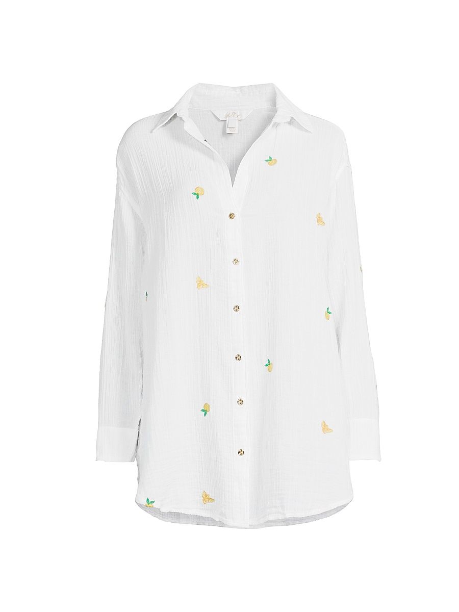 Women's Kwitney Cotton Cover-Up Shirt - Honeycomb Lemon Bee Half Drop - Size Large