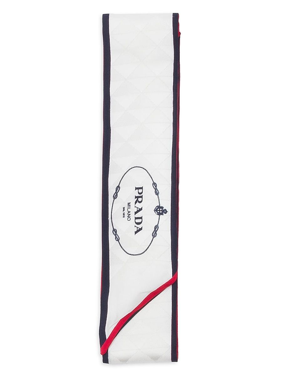 Women's Skinny Printed Silk Twill Jacquard Rectangular Scarf - Beige Blue