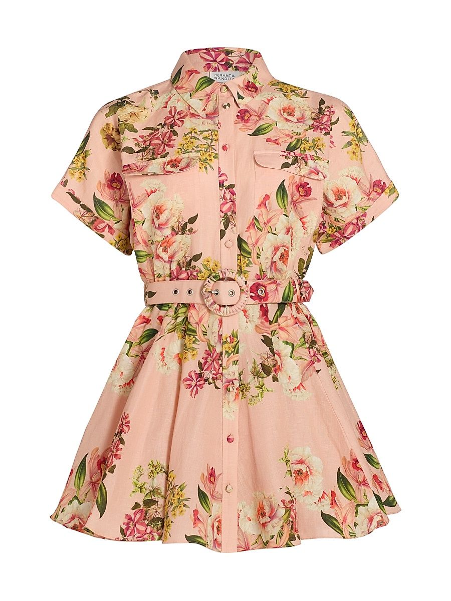 Women's Floral Tie-Waist A-Line Minidress - Peach - Size Small