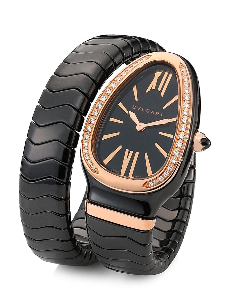 Women's Serpenti Spiga Rose Gold, Black Ceramic & Diamond Single Twist Watch - Black