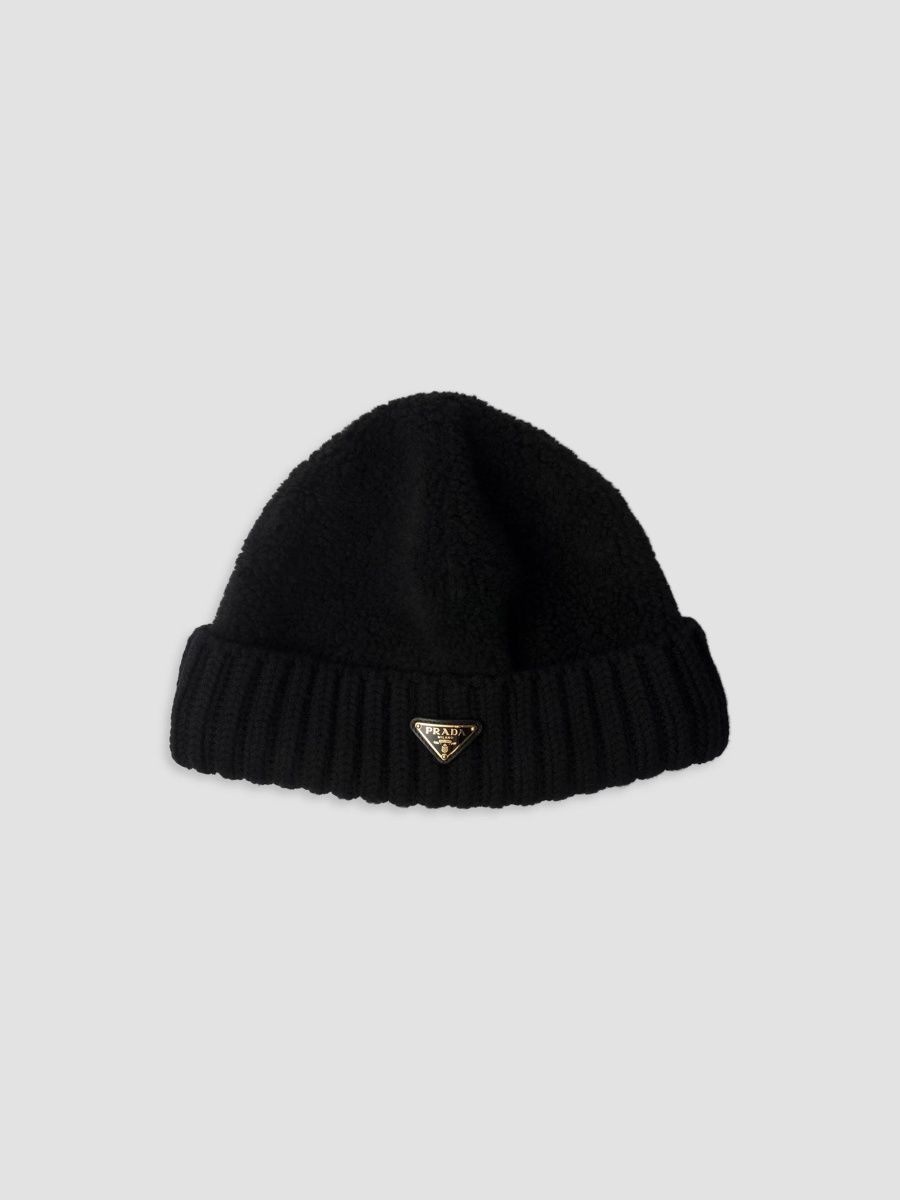 Prada Women's Fleece and Wool Beanie - Black - Size Small