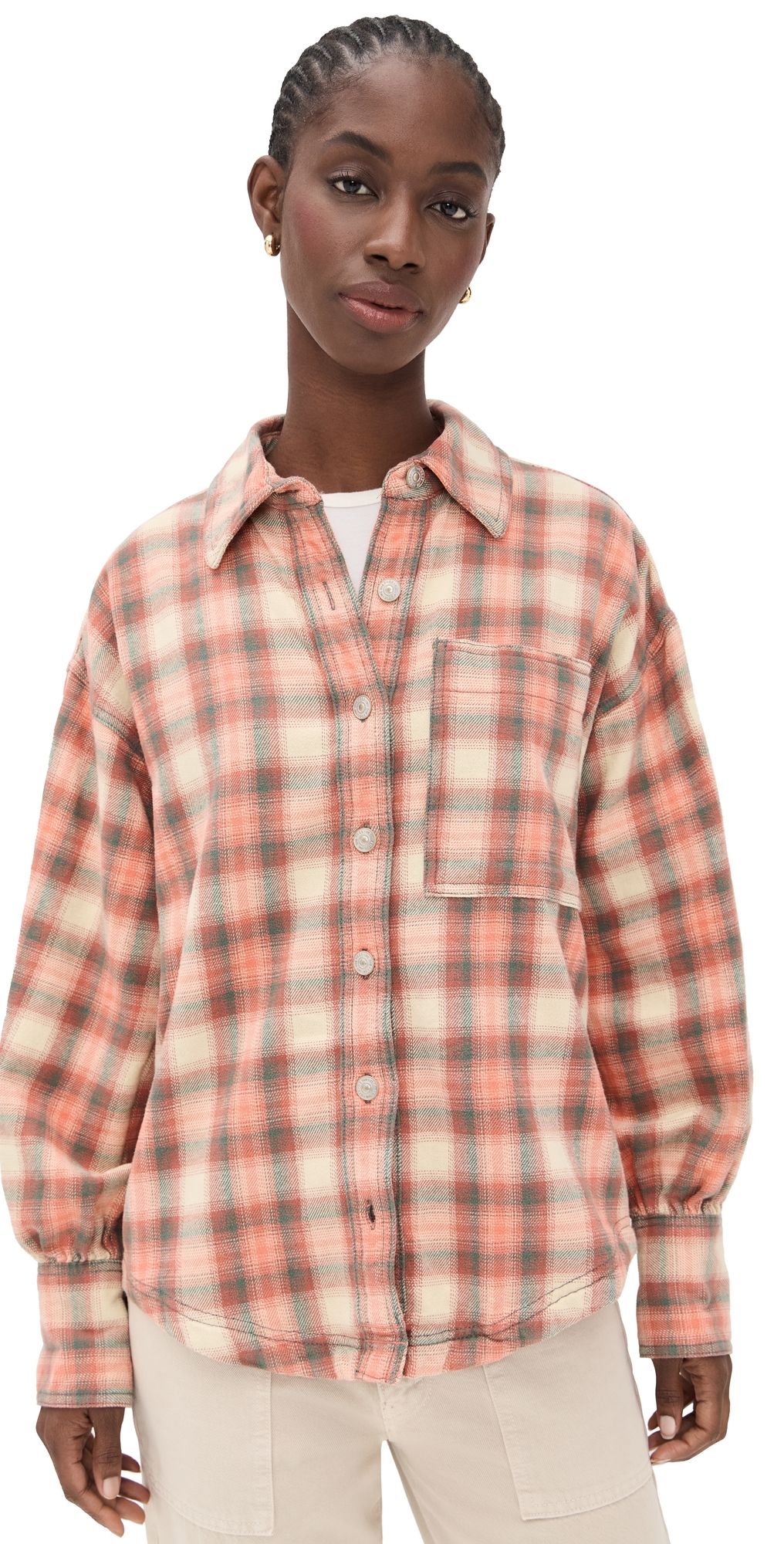 Free People Ashley Plaid Flannel Shirt Sand Combo/Gia Pla S