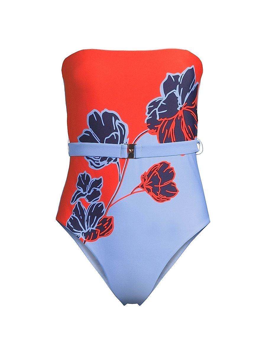Women's Skewed Petal Strapless One-Piece Swimsuit - Orange Blue - Size Large
