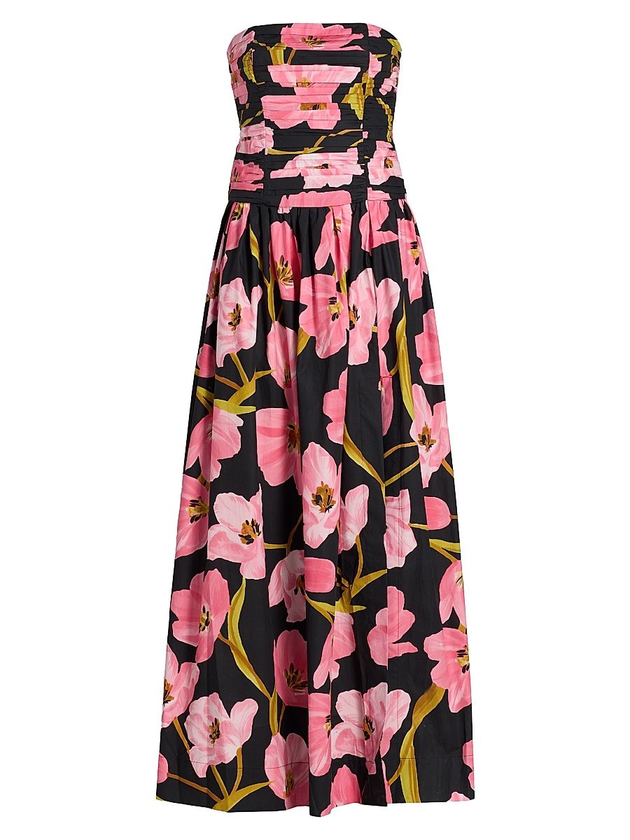 Women's Floral Poplin Strapless Gathered Gown - Marais Bloom Black - Size 14