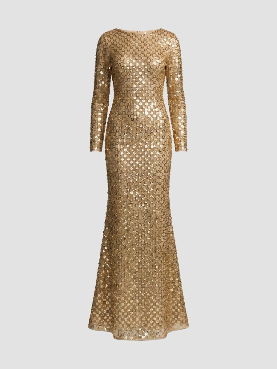 Mac Duggal Women's Checker-Beaded Long-Sleeve Column Gown - Gold - Size 16