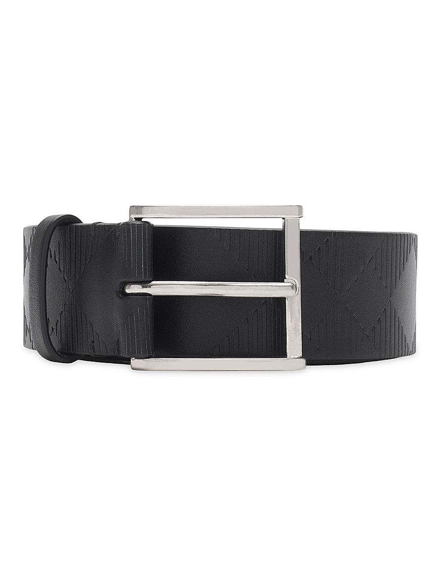 Men's Check Leather Belt - Black - Size 48